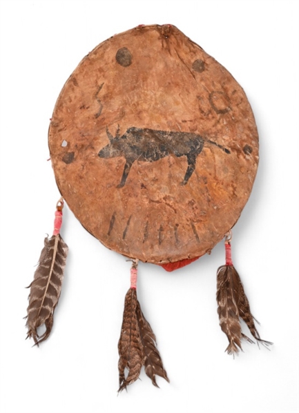 Rare Indian Buffalo Hide Shield w/ Painted Buffalo