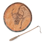 Rare Indian Rawhide Drum With Painted Buffalo