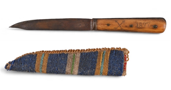 Indian Beaded Sheath, Bone-Handle Knife 1897 Dated