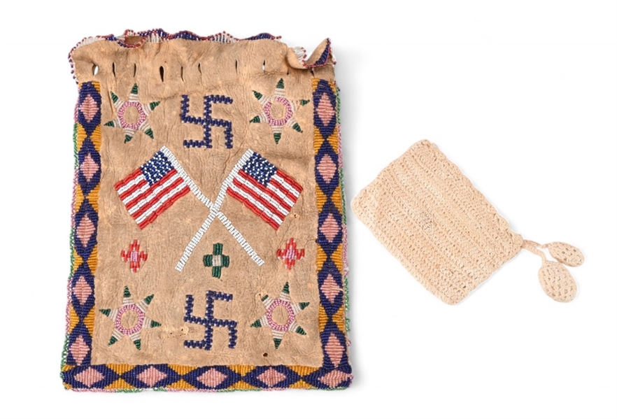 Indian Beaded Bag w/ American Flag, Whirling Logs