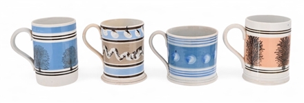 Four Antique English Mochaware Mugs