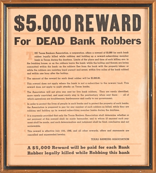 Texas $5,000 Dead Bank Robber Reward Poster